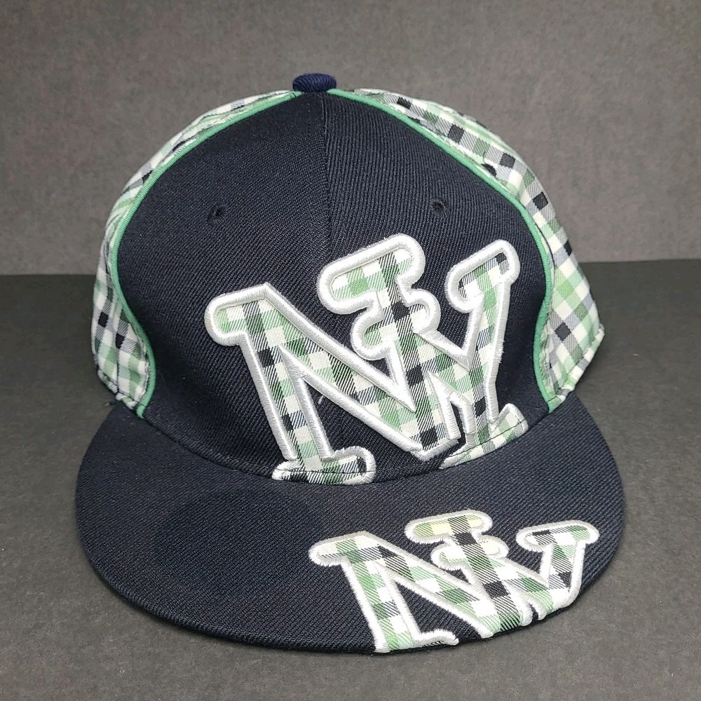 City Hunter NY Plaid Fitted Hat XL Green Black White Check Flat Brim Cap